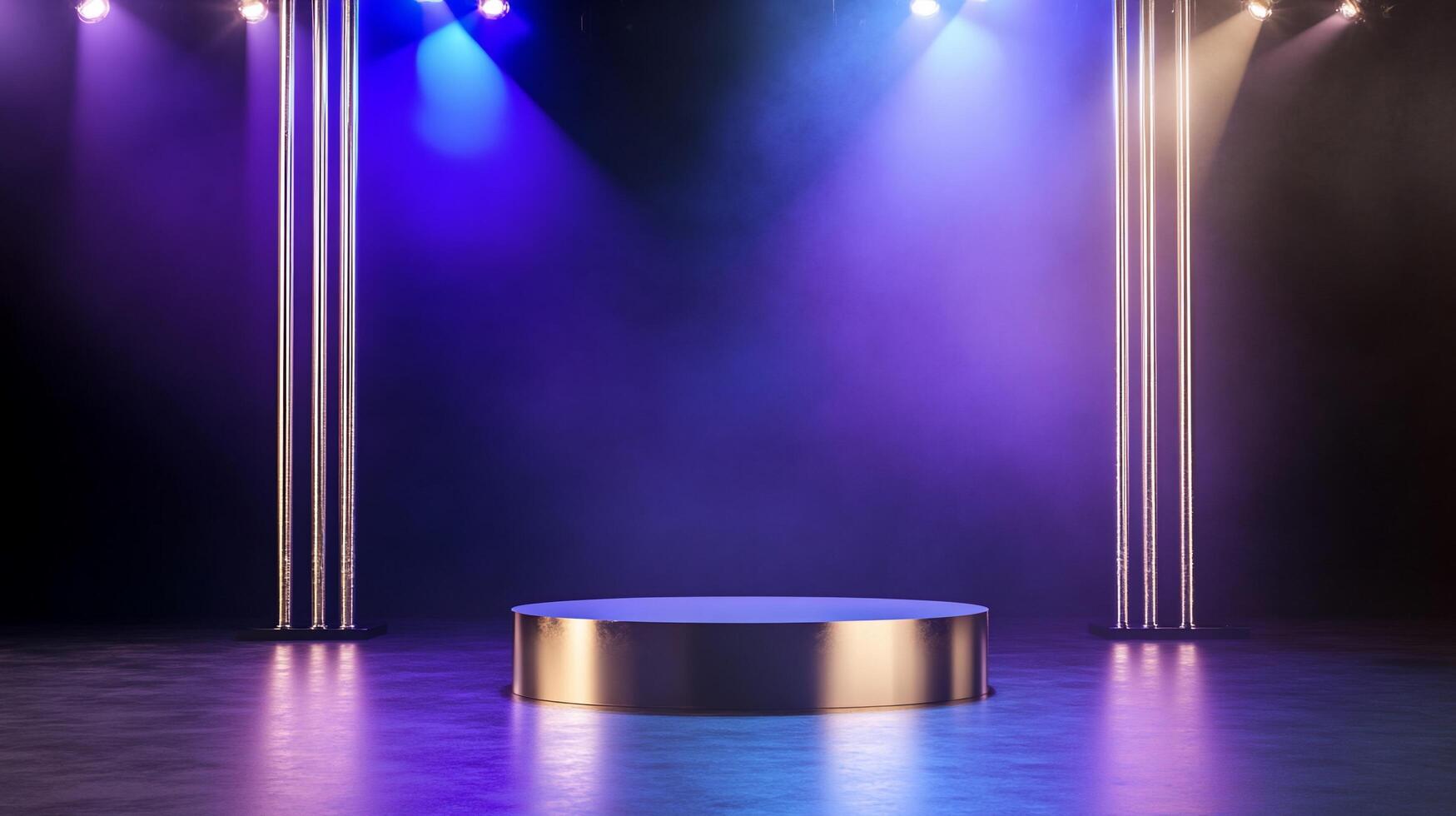 A spotlighted stage with colorful lighting and a circular platform. photo