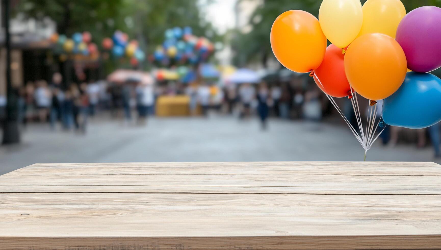 A wooden table in the foreground with colorful balloons in the background. photo