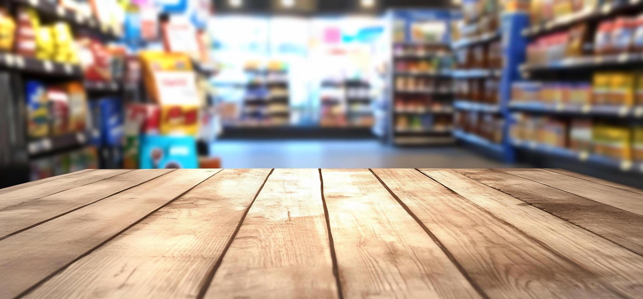 A blurred grocery store aisle with a wooden table in the foreground. photo