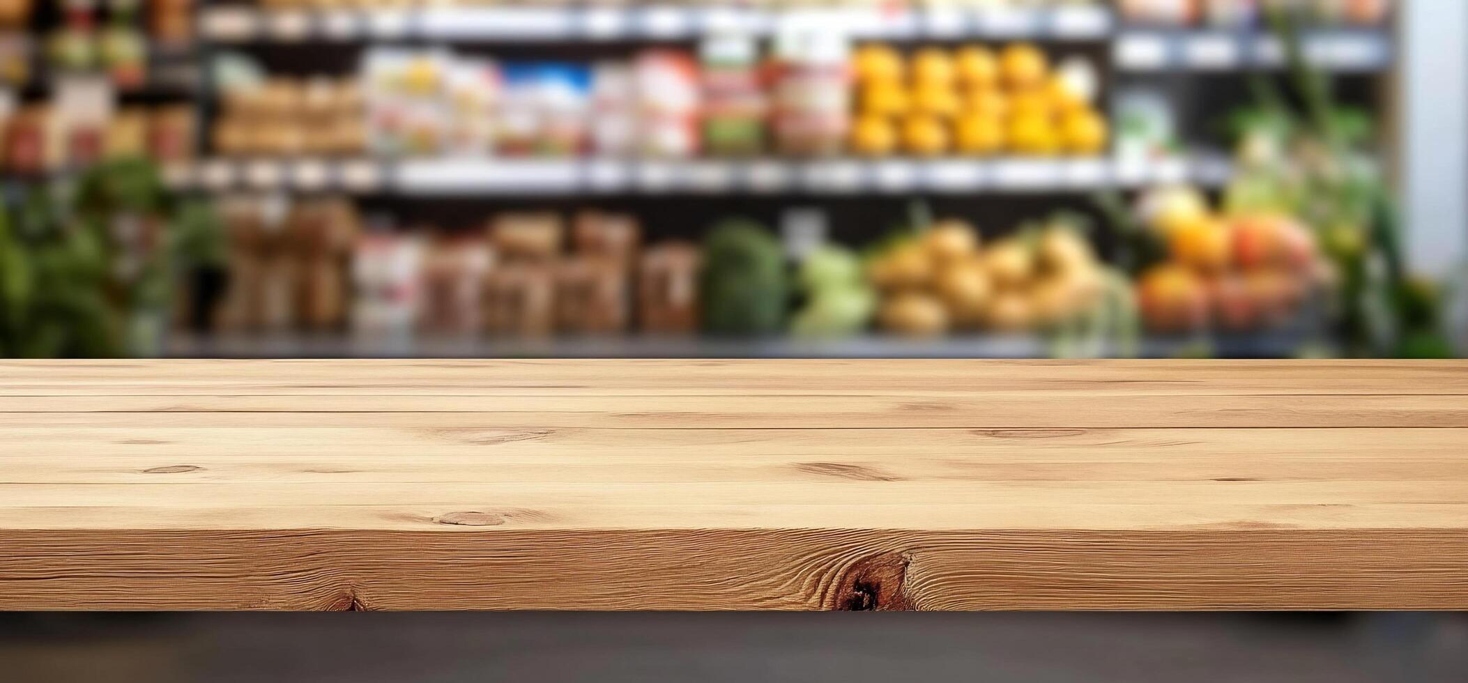 A wooden table in front of a blurred grocery store background. photo