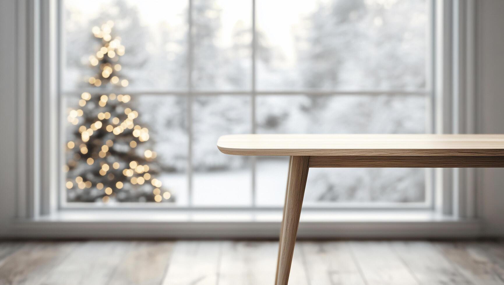 Cozy winter scene with a table and a decorated Christmas tree outside. photo
