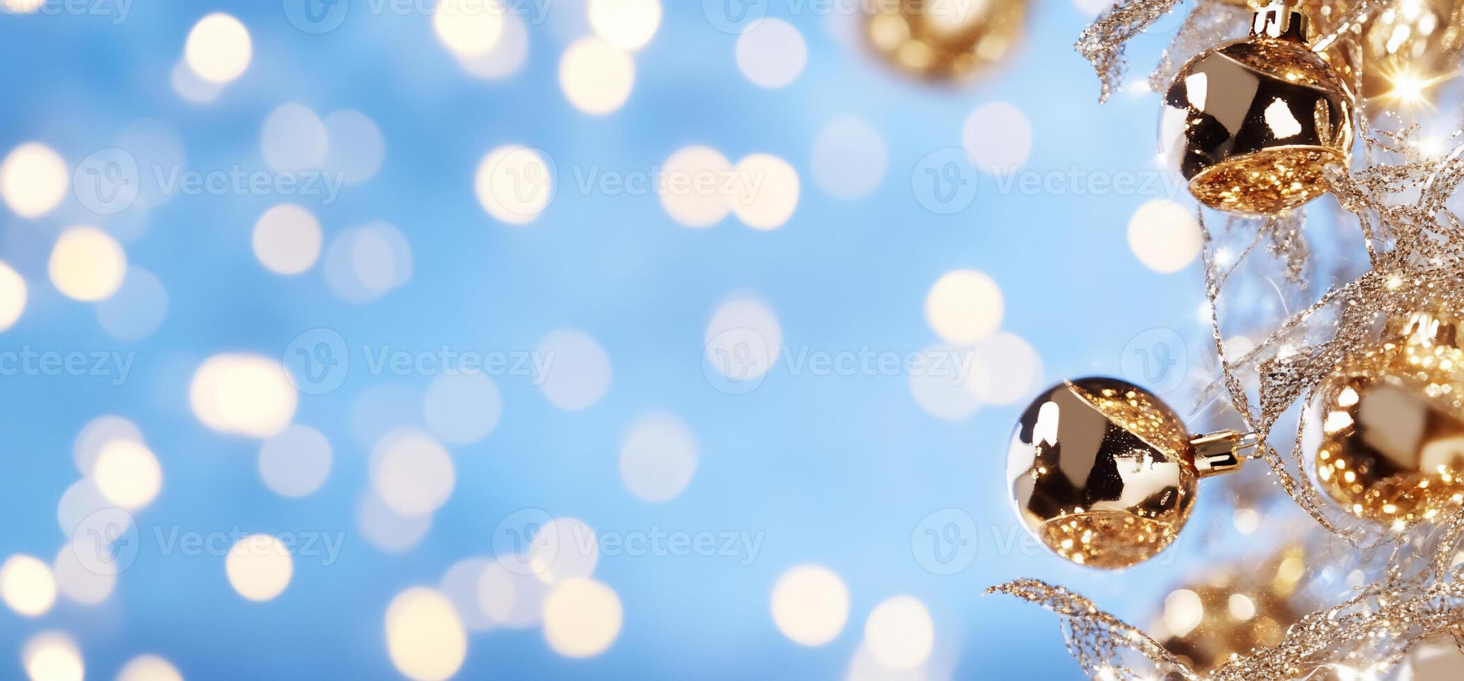 A festive scene with golden ornaments and shimmering lights. photo