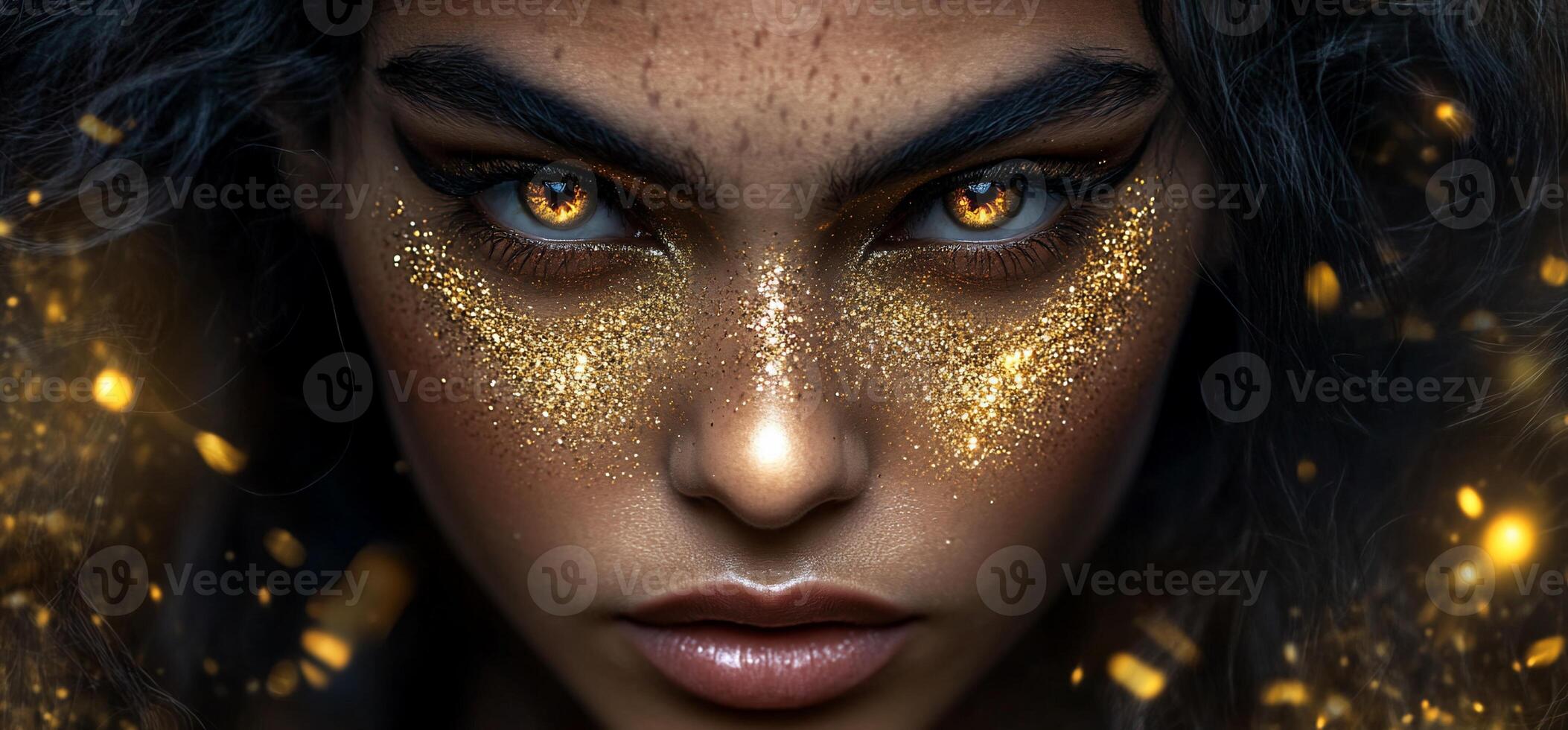 A close-up of a striking face adorned with golden glitter and intense eyes. photo