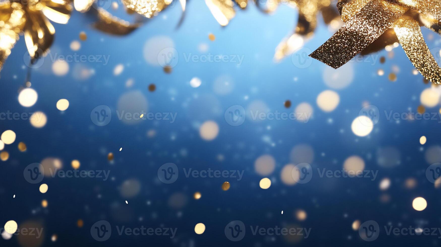 A festive background featuring golden decorations and glowing bokeh lights. photo