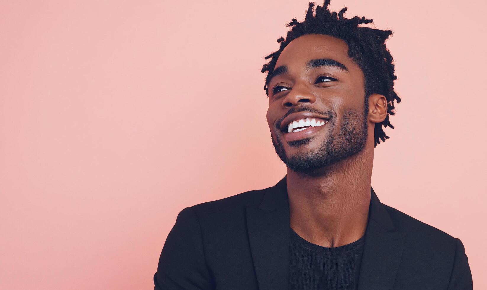 A smiling man in a suit against a pink background, exuding confidence. photo