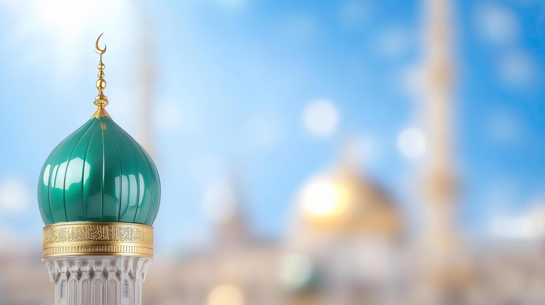 Green dome of a mosque with blurred background, symbolizing spirituality. photo