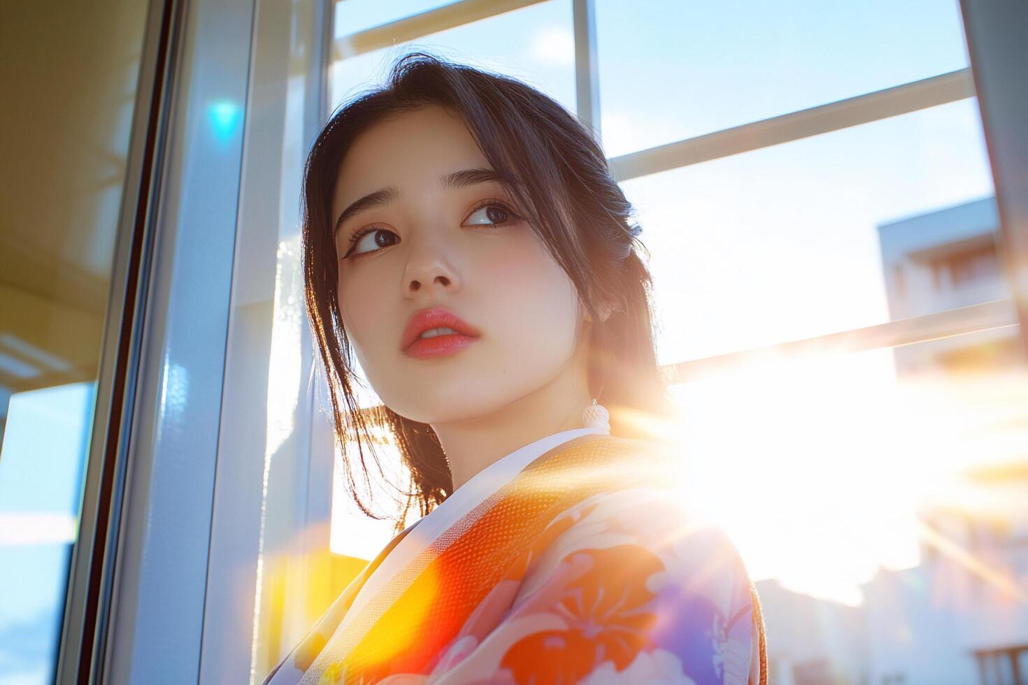 A young woman in a kimono stands by a window with sunlight streaming in. photo
