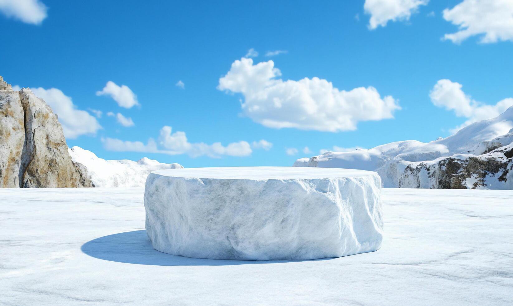 A solitary ice block on a snowy landscape under a bright blue sky. photo