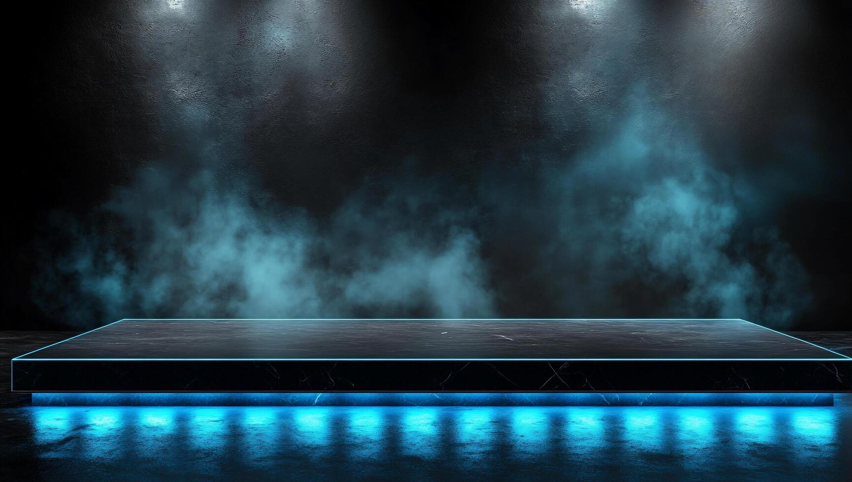 A dark stage with blue lighting and smoke effects for performances. photo