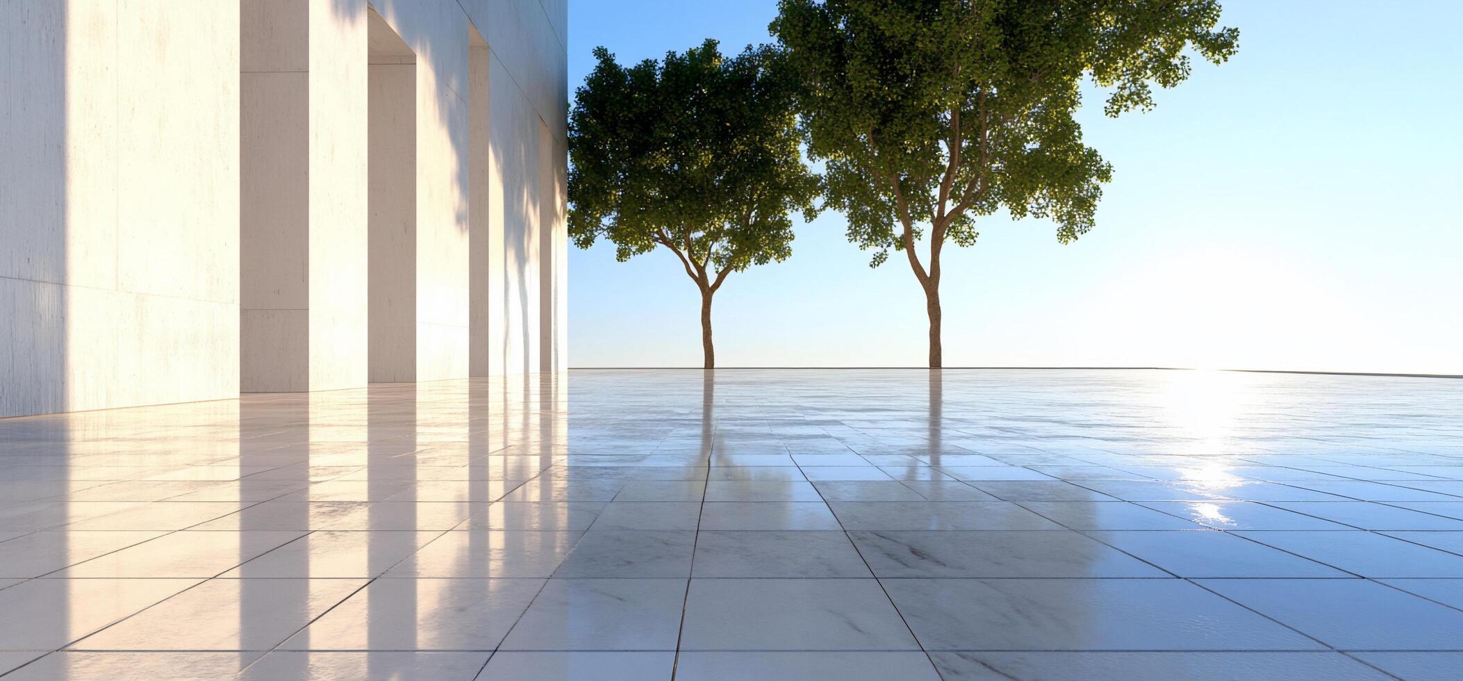 A serene outdoor space with trees and reflective surfaces. photo