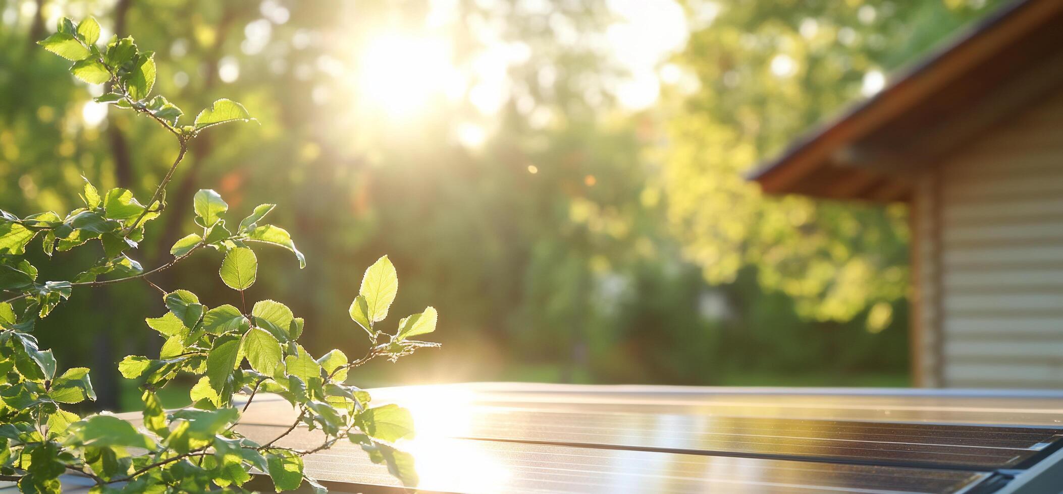 Sunlight glimmers on a surface with greenery and a house in the background. photo