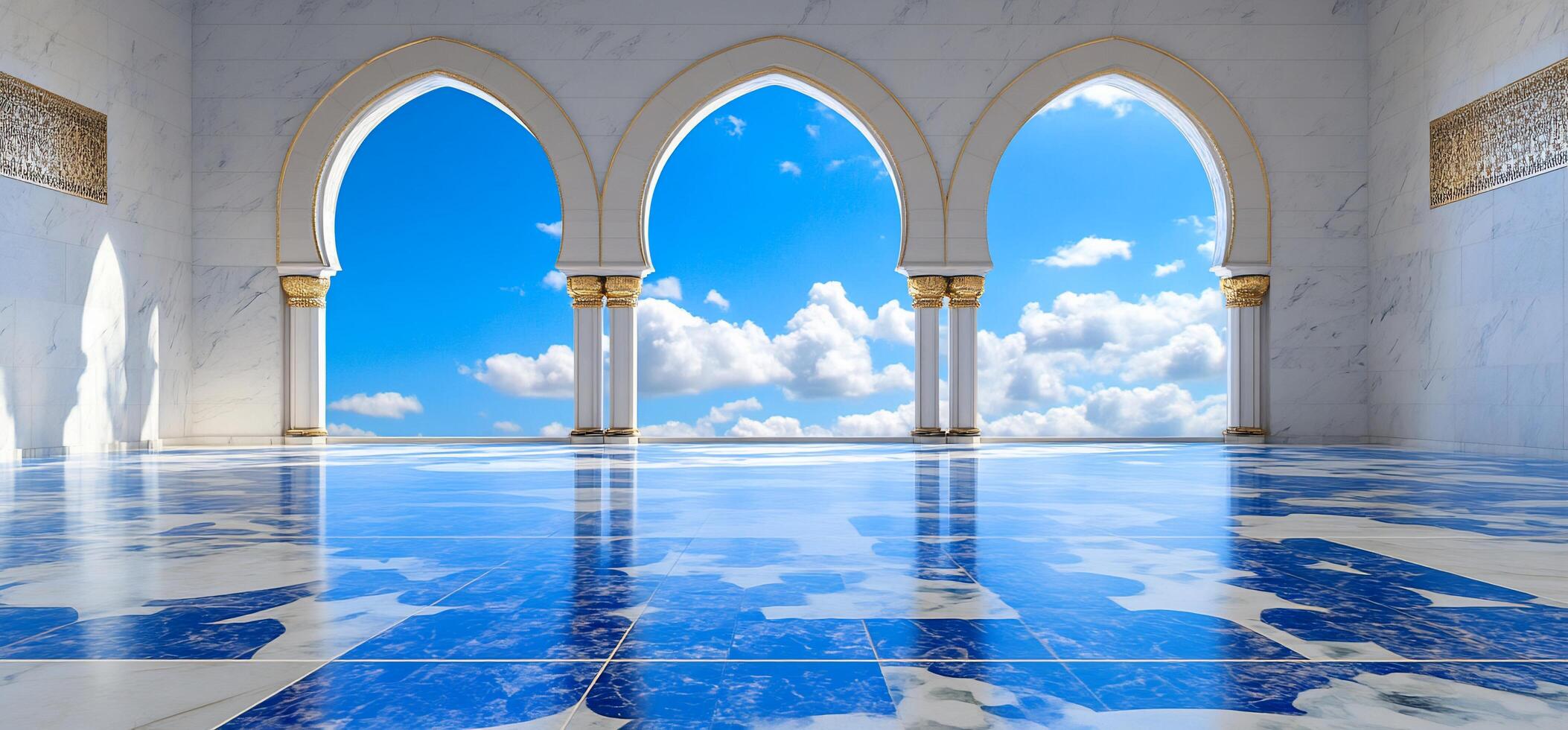 A serene architectural space with arched windows and a blue sky. photo