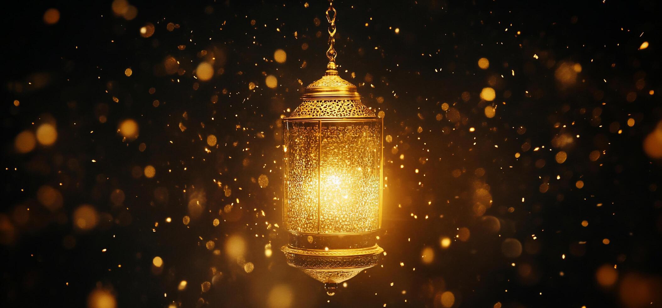 A glowing lantern surrounded by shimmering particles in a dark setting. photo