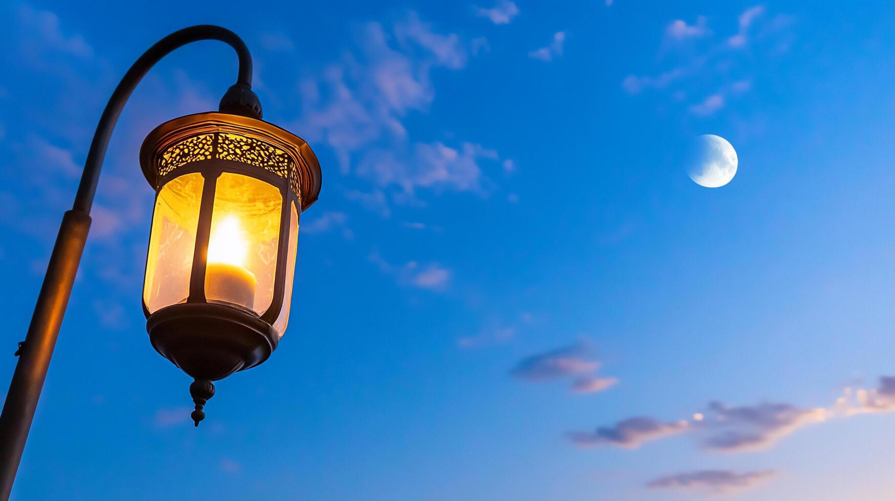 A lantern illuminated against a twilight sky with a crescent moon. photo