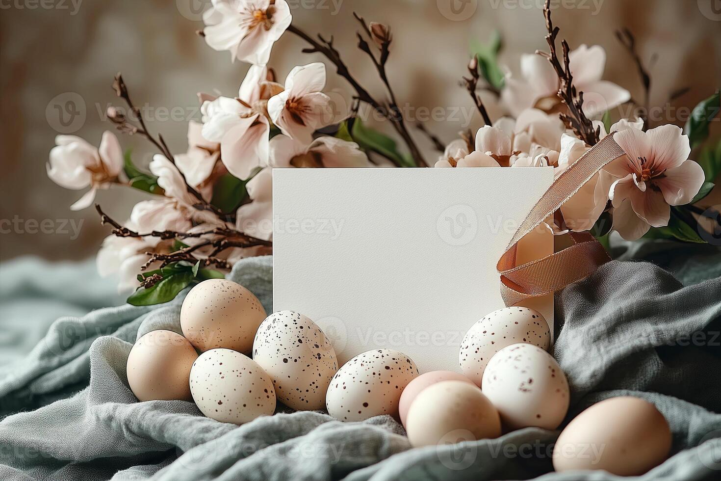 Easter blank white greeting card on a pastel linen decoration photo