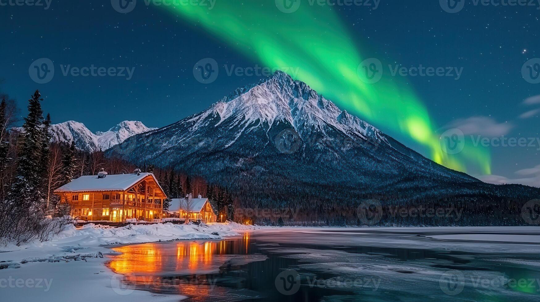 Majestic Aurora Borealis over Snowy Mountain Cabin Winter Landscape photo
