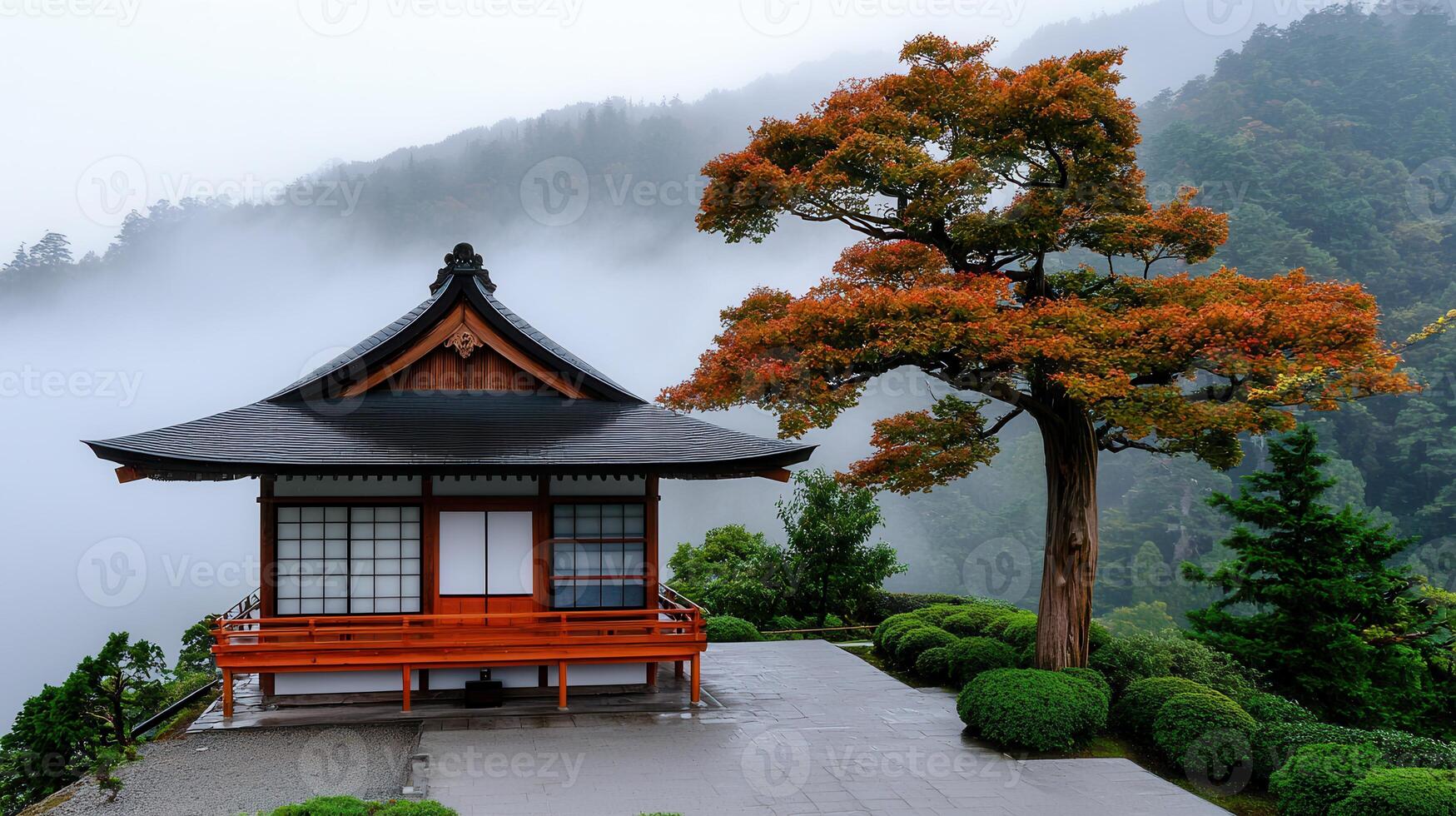 Serene Japanese Temple Pavilion in Autumn Mist Foggy Mountain Landscape photo