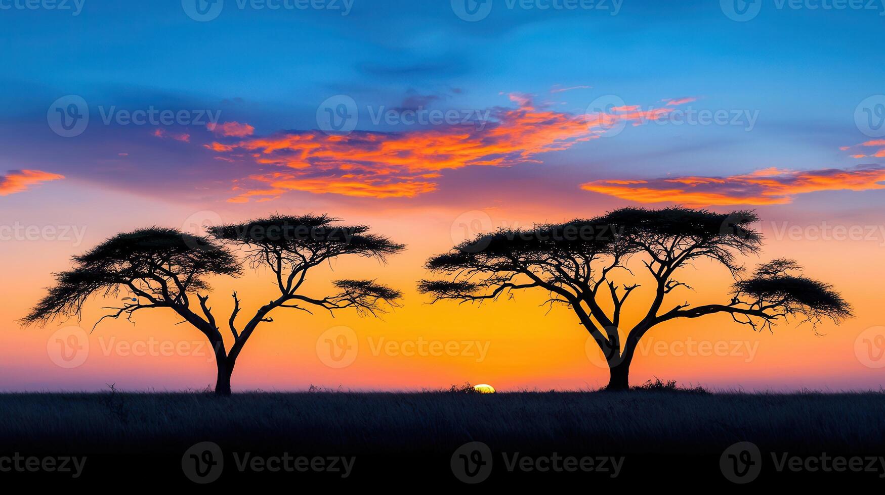 Majestic African Savanna Sunset Two Acacia Trees Silhouetted Against Vibrant Sky photo