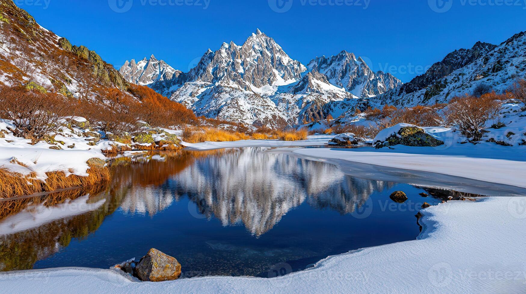Stunning Winter Mountain Lake Reflection Snow Covered Peaks and Frozen Water photo