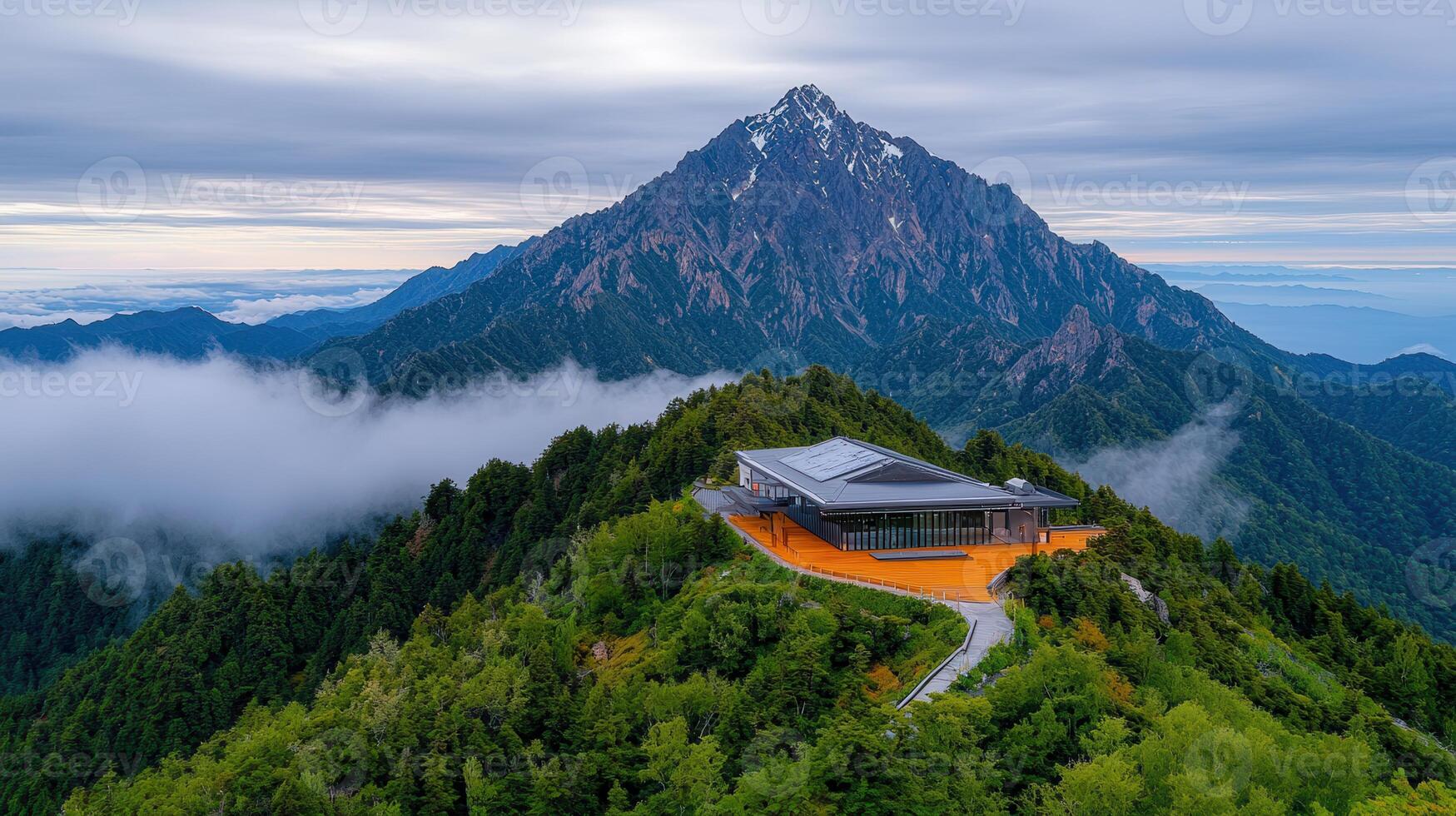 Majestic Mountain Peak with Modern Summit Building Panoramic View Foggy Landscape photo