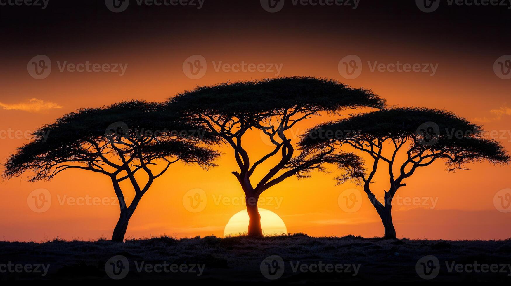 Majestic African Acacia Trees Silhouetted Against a Vibrant Sunset Landscape photo