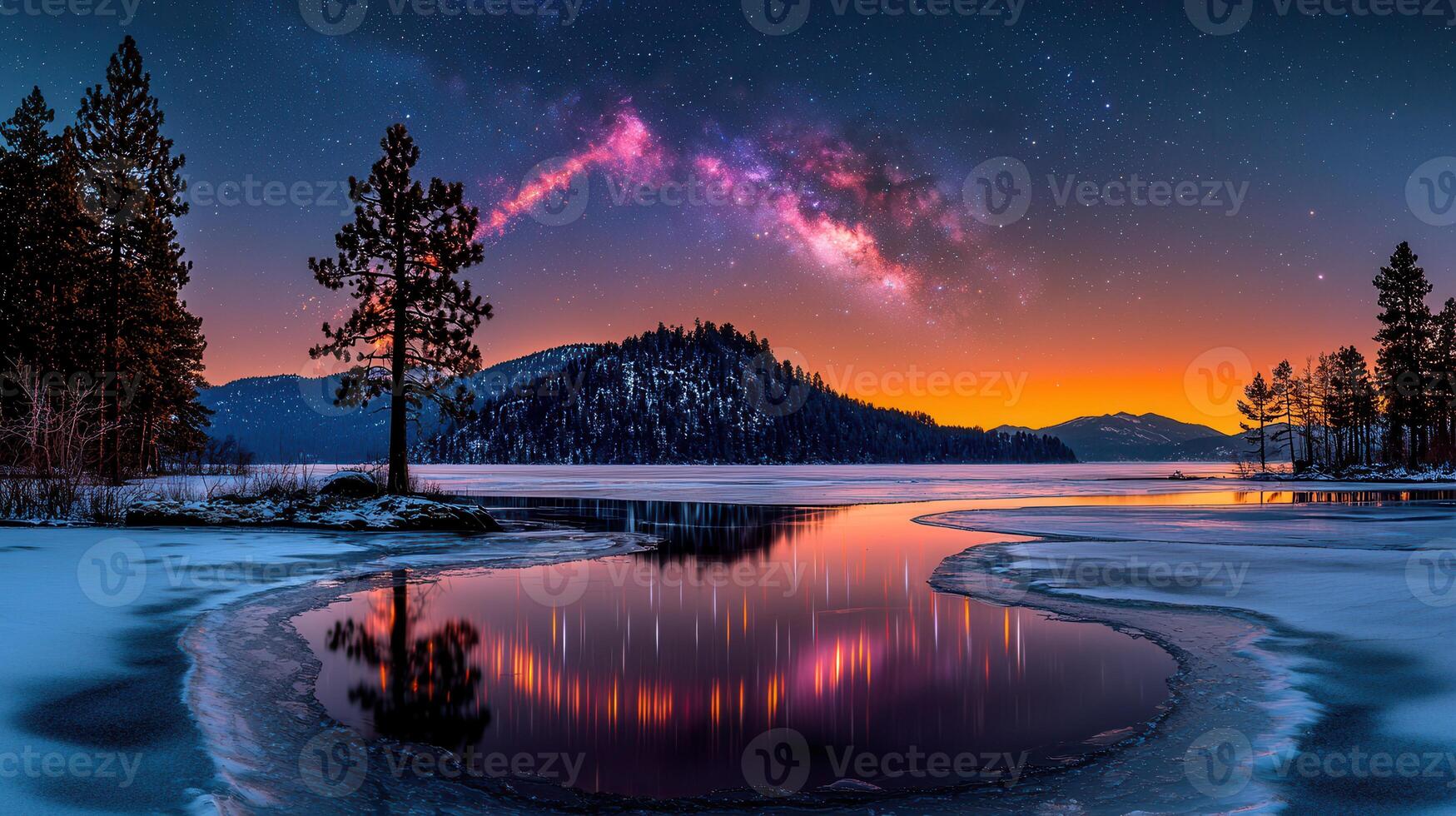 Serene Winter Lake at Sunset with Milky Way Galaxy Reflection photo