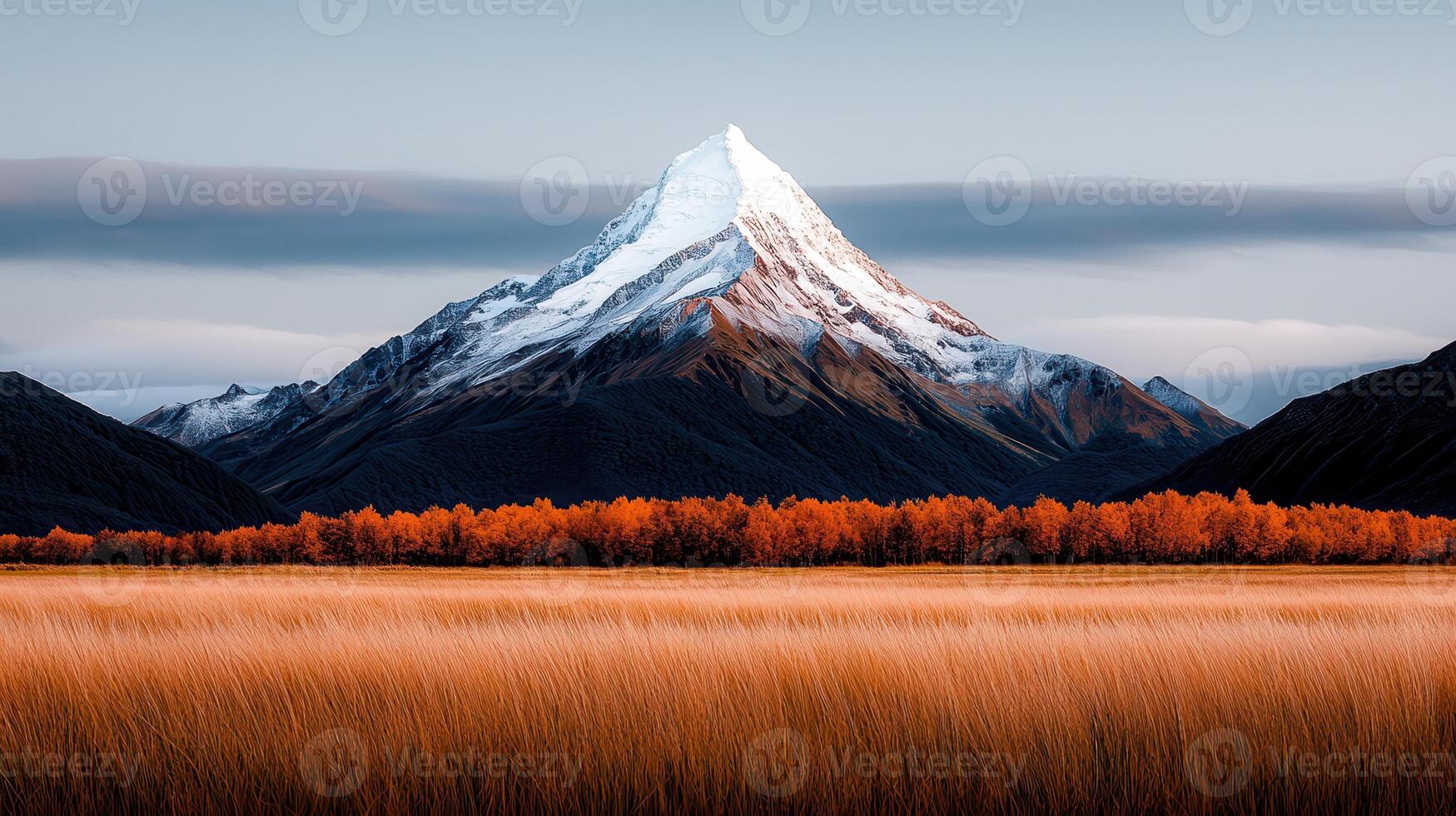 Majestic Snow Capped Mountain Peak with Autumnal Foliage and Golden Grassland photo