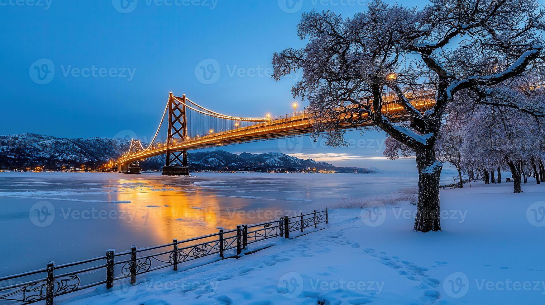 Illuminated Suspension Bridge Winter Scene Snowy Park Frozen River photo