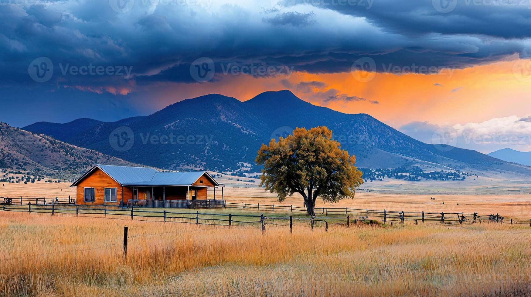 Scenic Ranch House Sunset Mountain Landscape Rural Autumn Scene photo