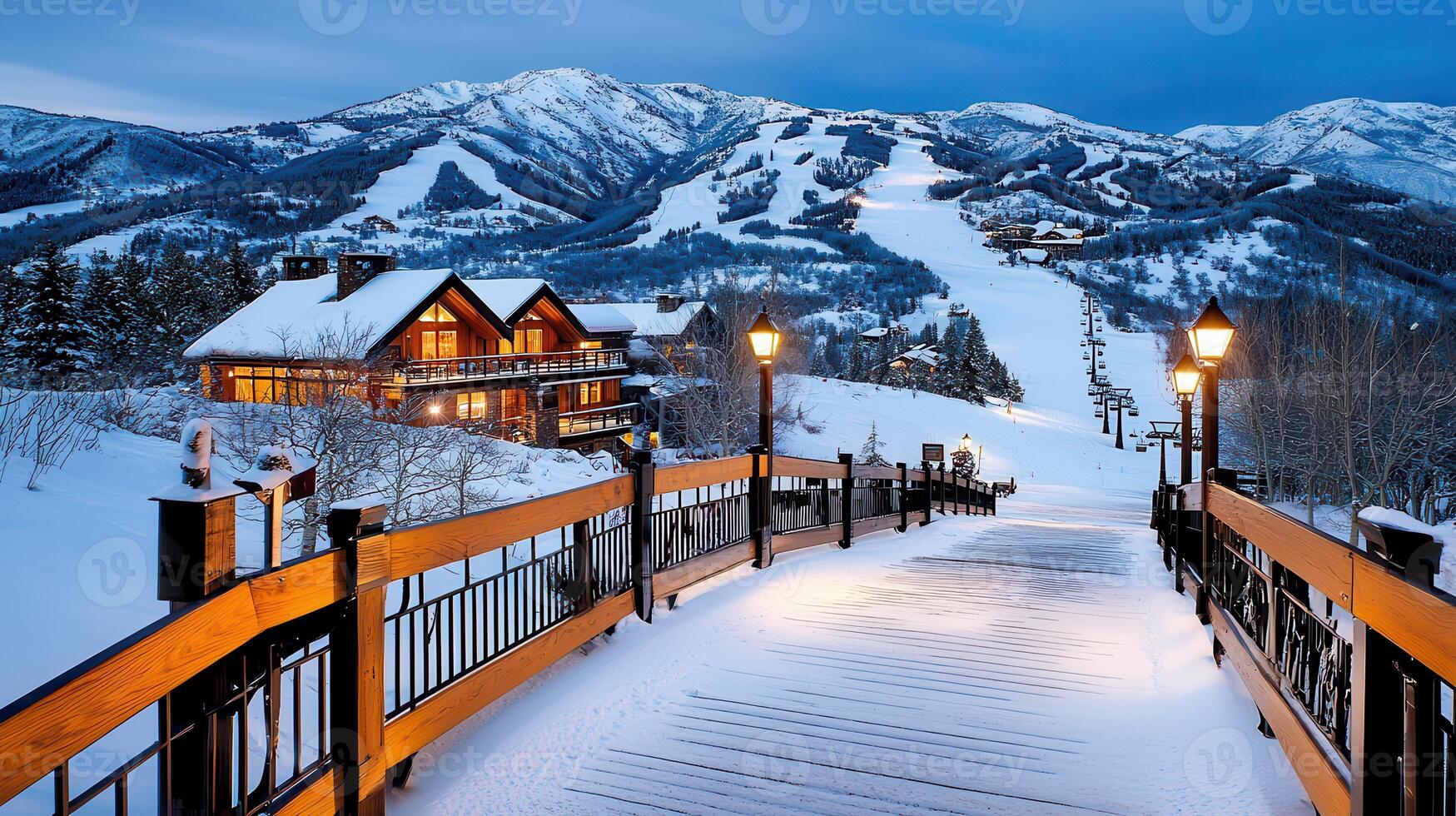 Snow covered walkway at twilight luxury cabins ski resort mountain backdrop photo