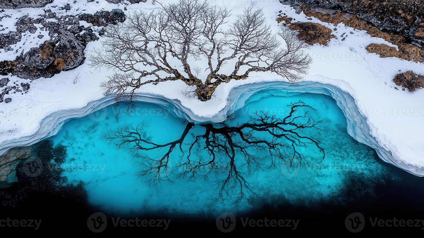 Aerial View of Frozen Lake with Tree Reflection in Turquoise Water Winter Landscape photo