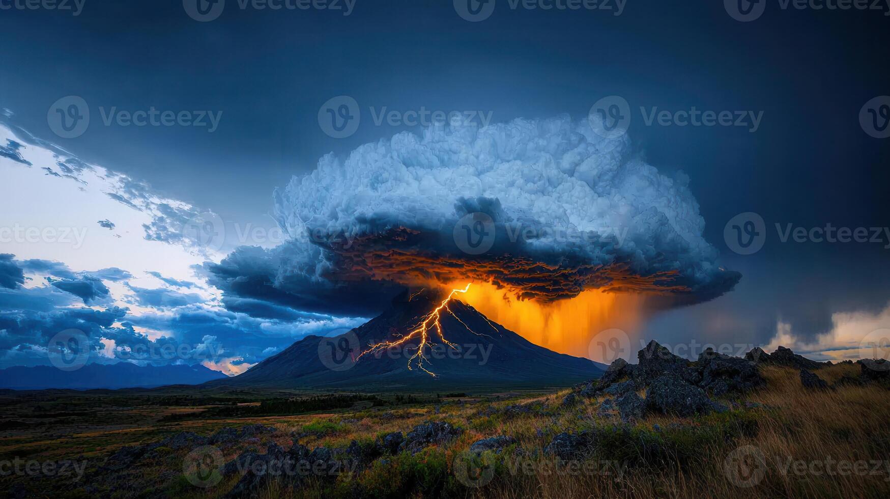 Dramatic Volcanic Eruption with Lightning Strike Under a Massive Storm Cloud photo