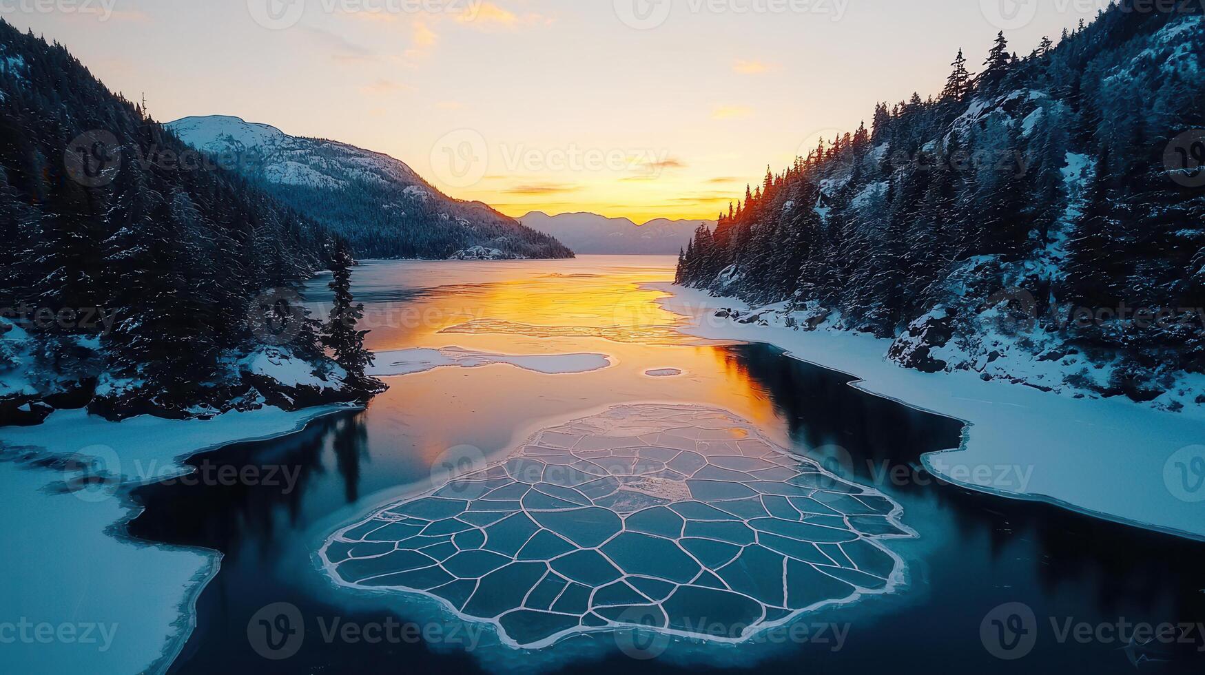 Stunning Aerial Sunset View of a Frozen Lake with Geometric Ice Patterns Surrounded by Snowy photo