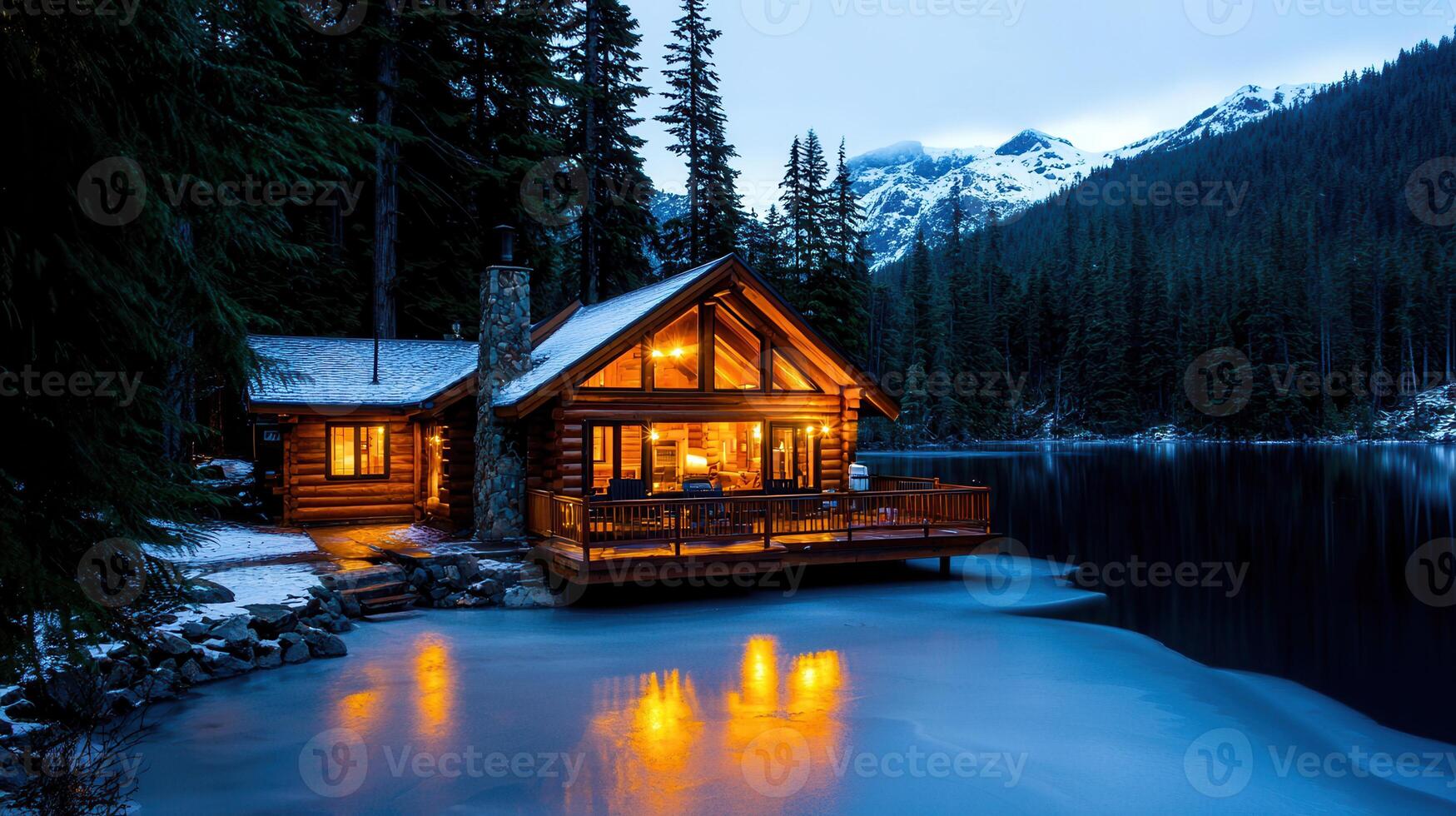 Luxurious Log Cabin Lakeside Winter Retreat Snowy Mountains Illuminated photo