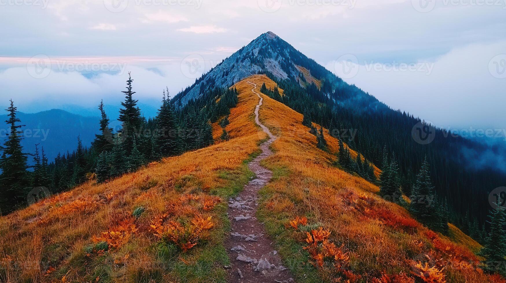 Majestic Mountain Peak Trail Autumnal Hike Through a Coniferous Forest photo
