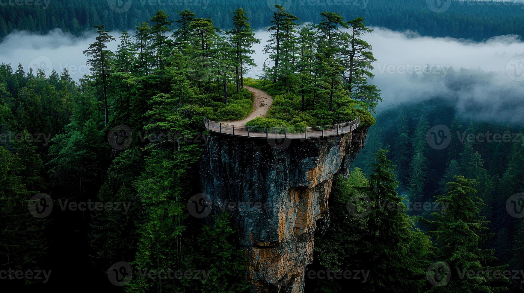 Majestic Clifftop Pathway Overlooking Misty Evergreen Forest Landscape photo