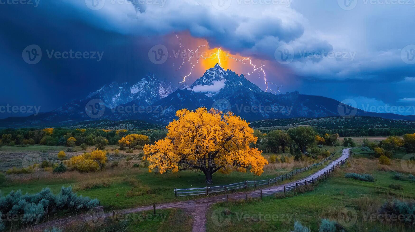Dramatic Lightning Storm Over Autumnal Landscape with Golden Tree and Majestic Mountains photo