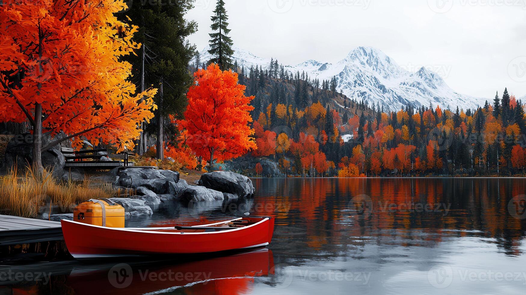 Serene Autumn Lake Scene Red Canoe by Colorful Fall Foliage and Snowy Mountains photo