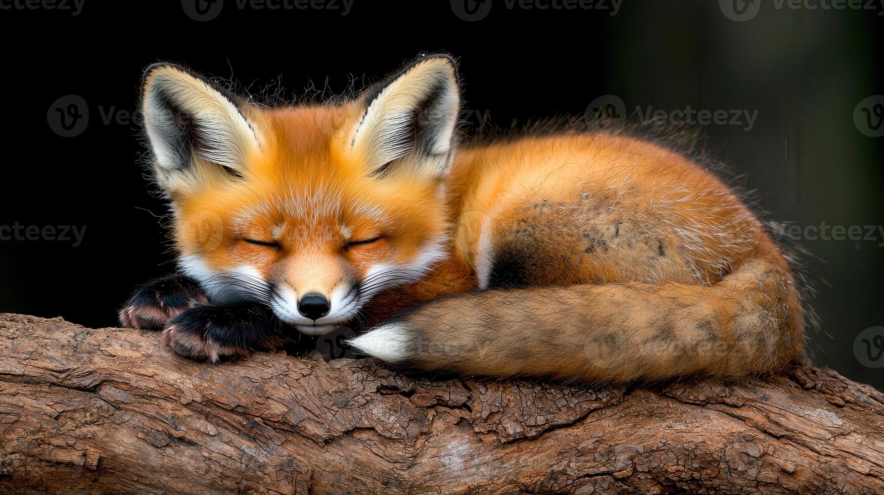 Adorable Red Fox Kit Sleeping Peacefully on a Log in the Wild photo