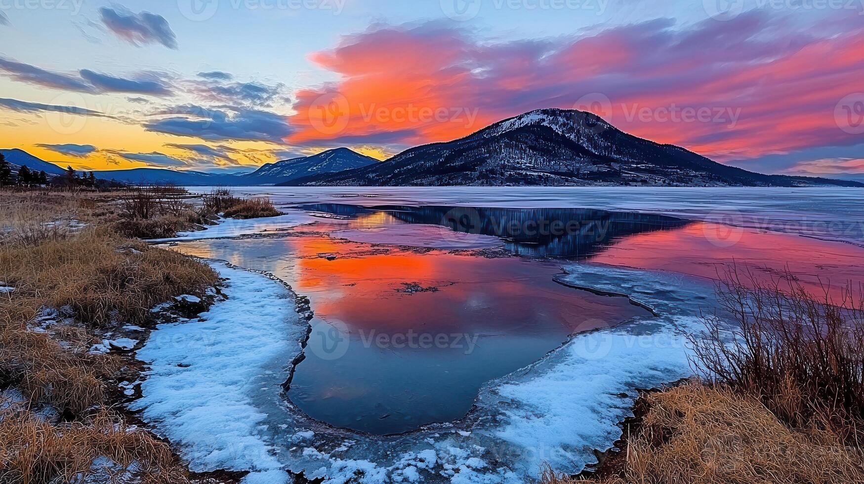 Stunning Sunset Reflection on Frozen Lake Mountains and Sky Winter Landscape photo