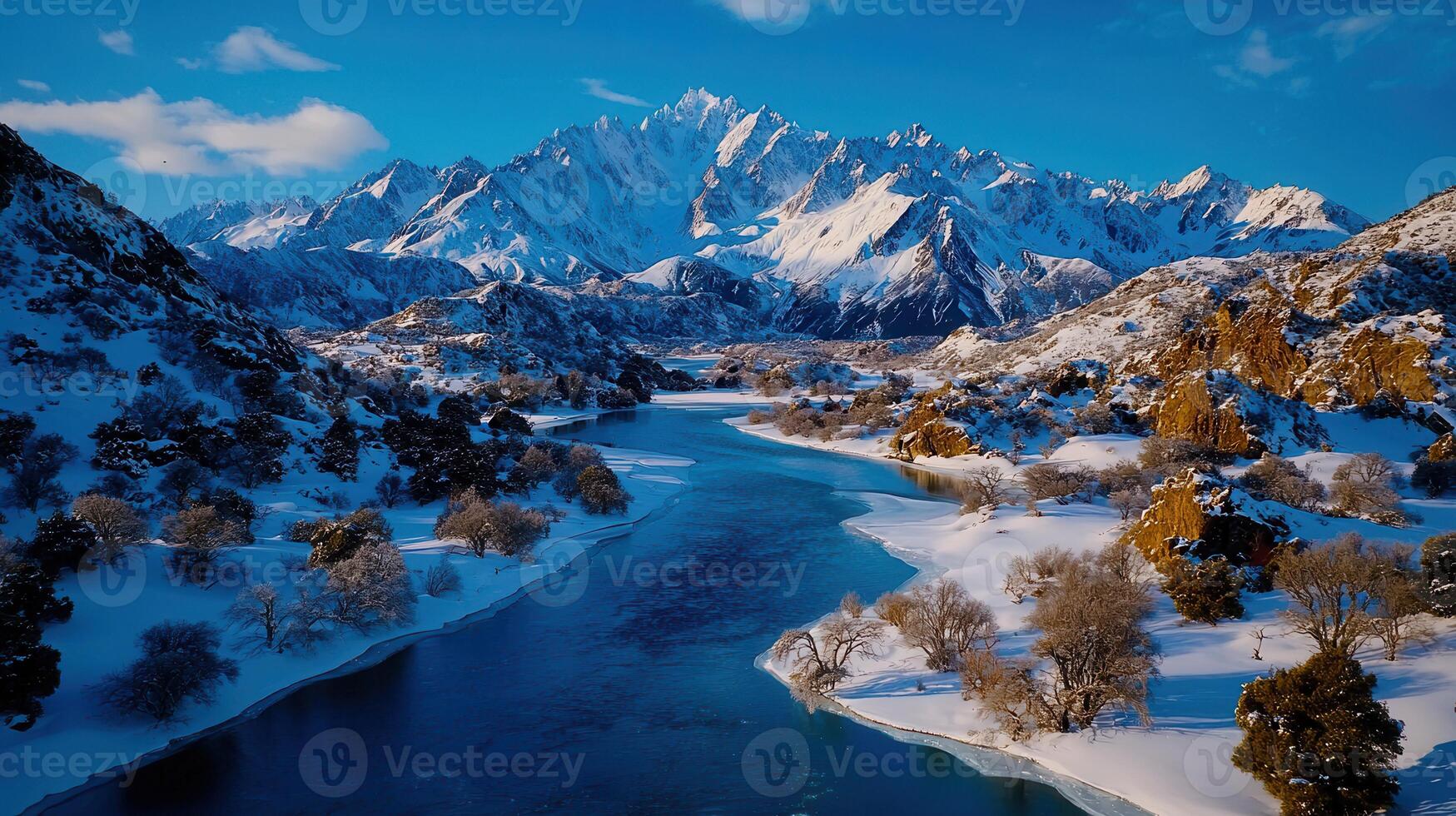 Stunning Aerial View of a Frozen River Winding Through a Snow Covered Mountain Valley in Winter photo