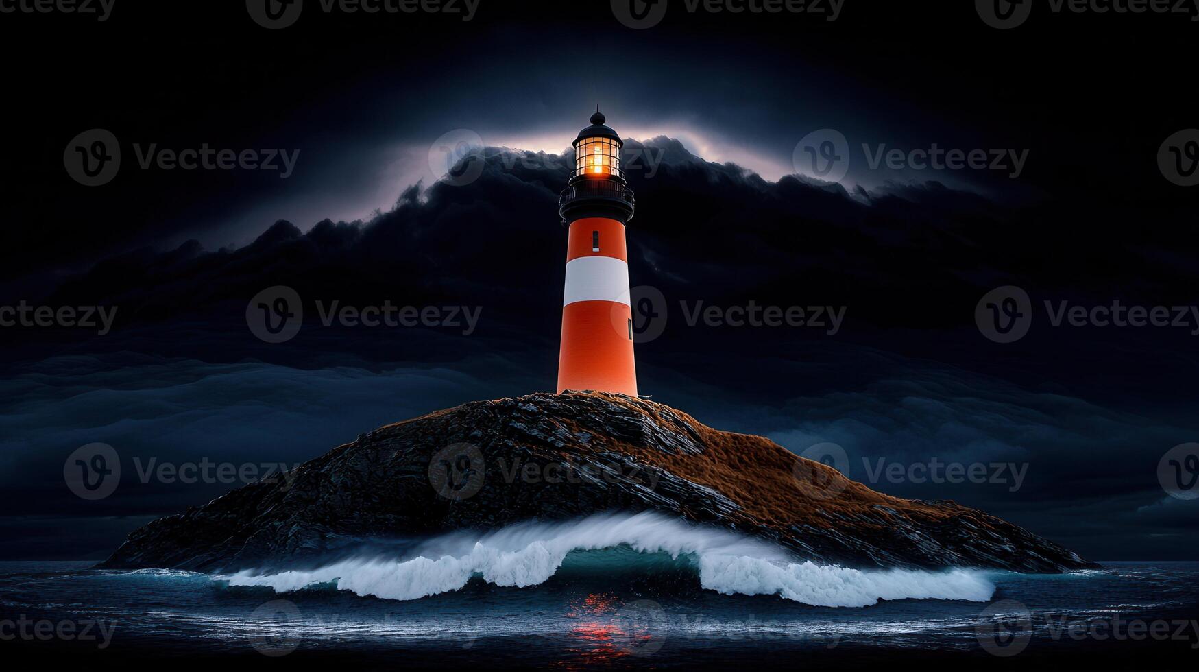 Dramatic Lighthouse on Rocky Coast during a Stormy Night Ocean Waves Crashing photo