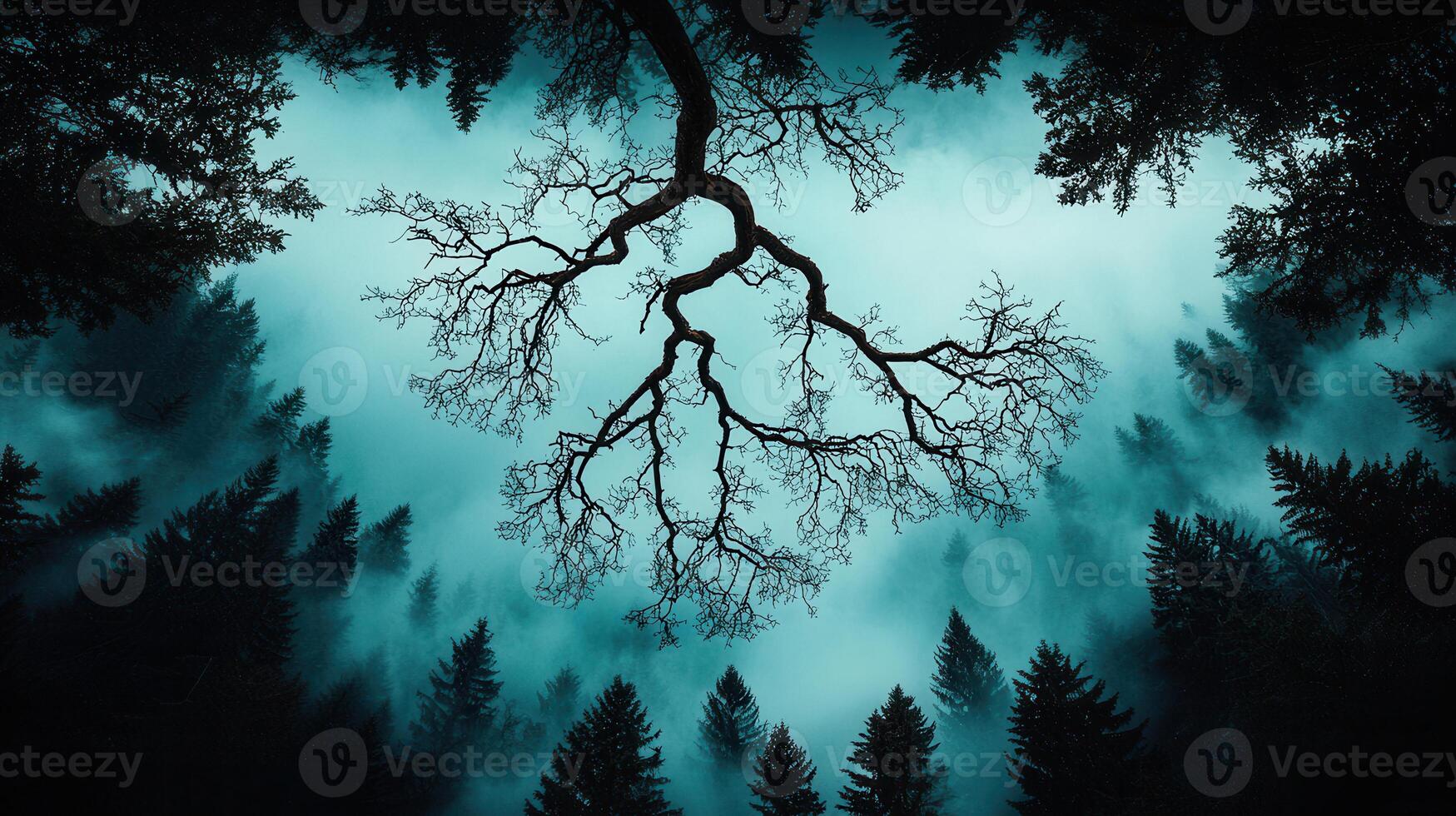 Mystical Foggy Forest Landscape Silhouette of a Bare Tree Branching Over a Misty Coniferous Woodland photo