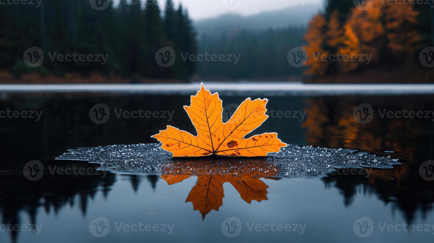 Serene Autumn Scene Single Maple Leaf on Frozen Lake with Forest Reflection photo