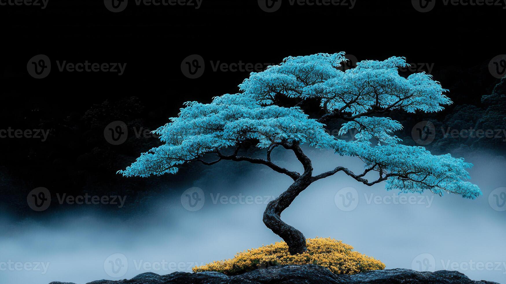 Serene Blue Tree in Misty Landscape Tranquil Nature Scene Artistic Photography photo