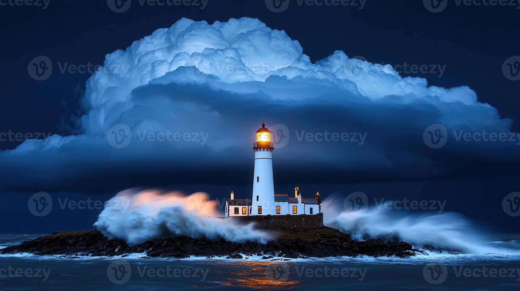 Dramatic Lighthouse Seascape Waves Crashing Against Coastal Tower Under Stormy Clouds at Night photo
