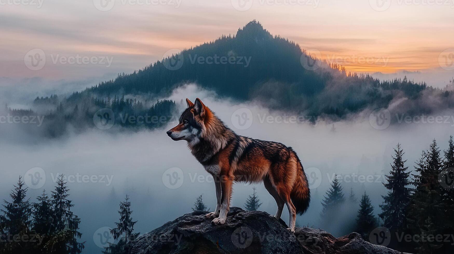 Majestic Wolf on Mountain Peak at Sunrise Misty Forest Landscape photo