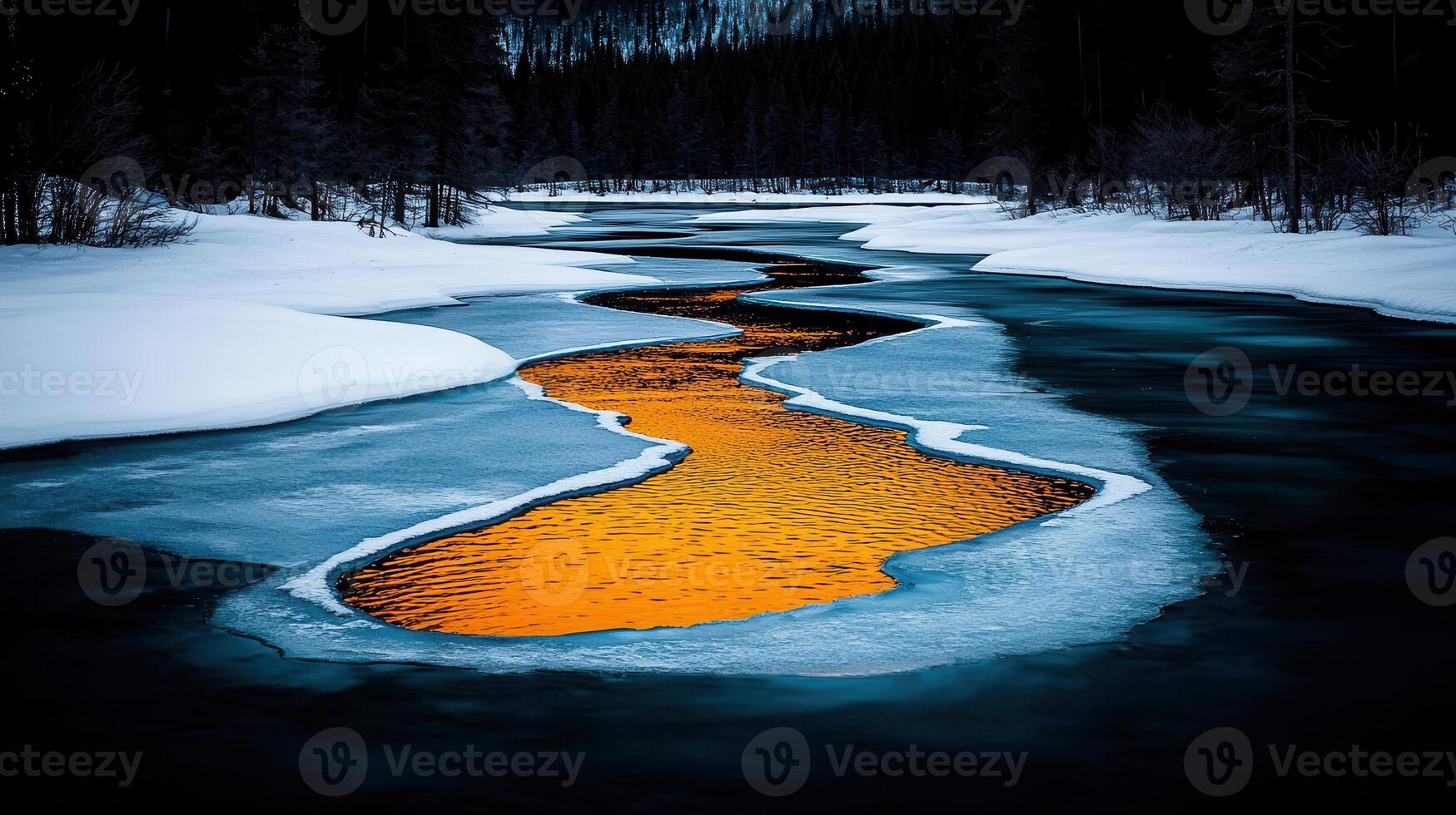Serene Winter River Landscape Golden Sunset Reflection on Partially Frozen Water photo