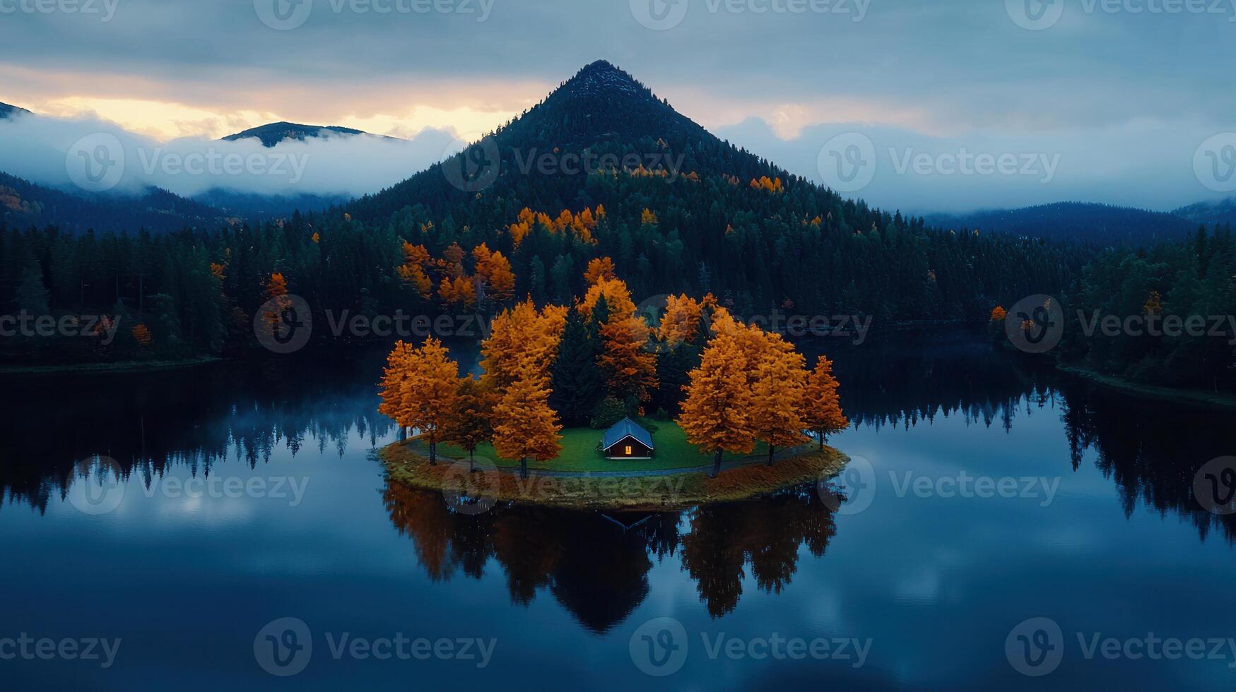 Serene Autumn Cabin on Island Lake Mountain View Colorful Trees Reflection photo