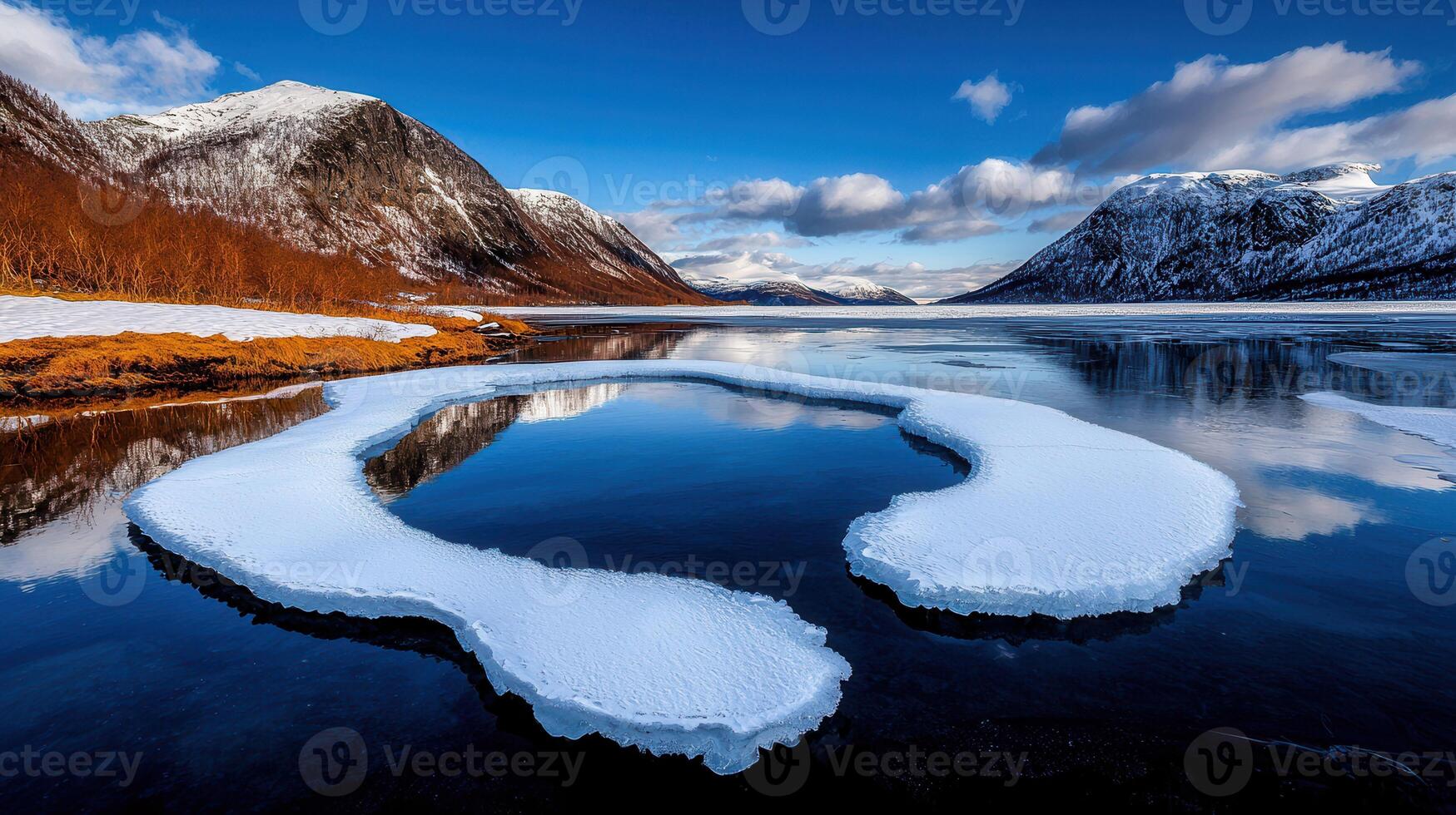 Stunning Mountain Lake Landscape Winter Ice Melt Frozen Water Snow Covered Peaks photo